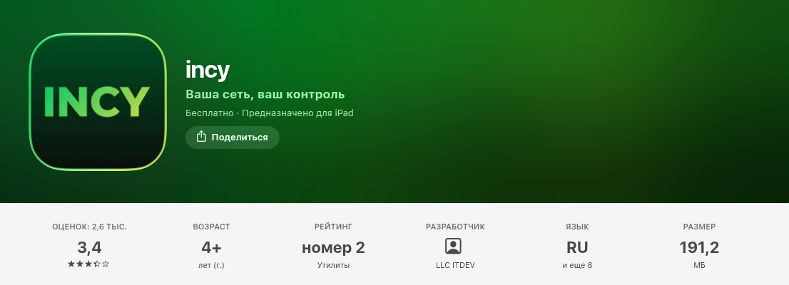 Приложение Incy в российском App Store, разработчик LLC ITDEV