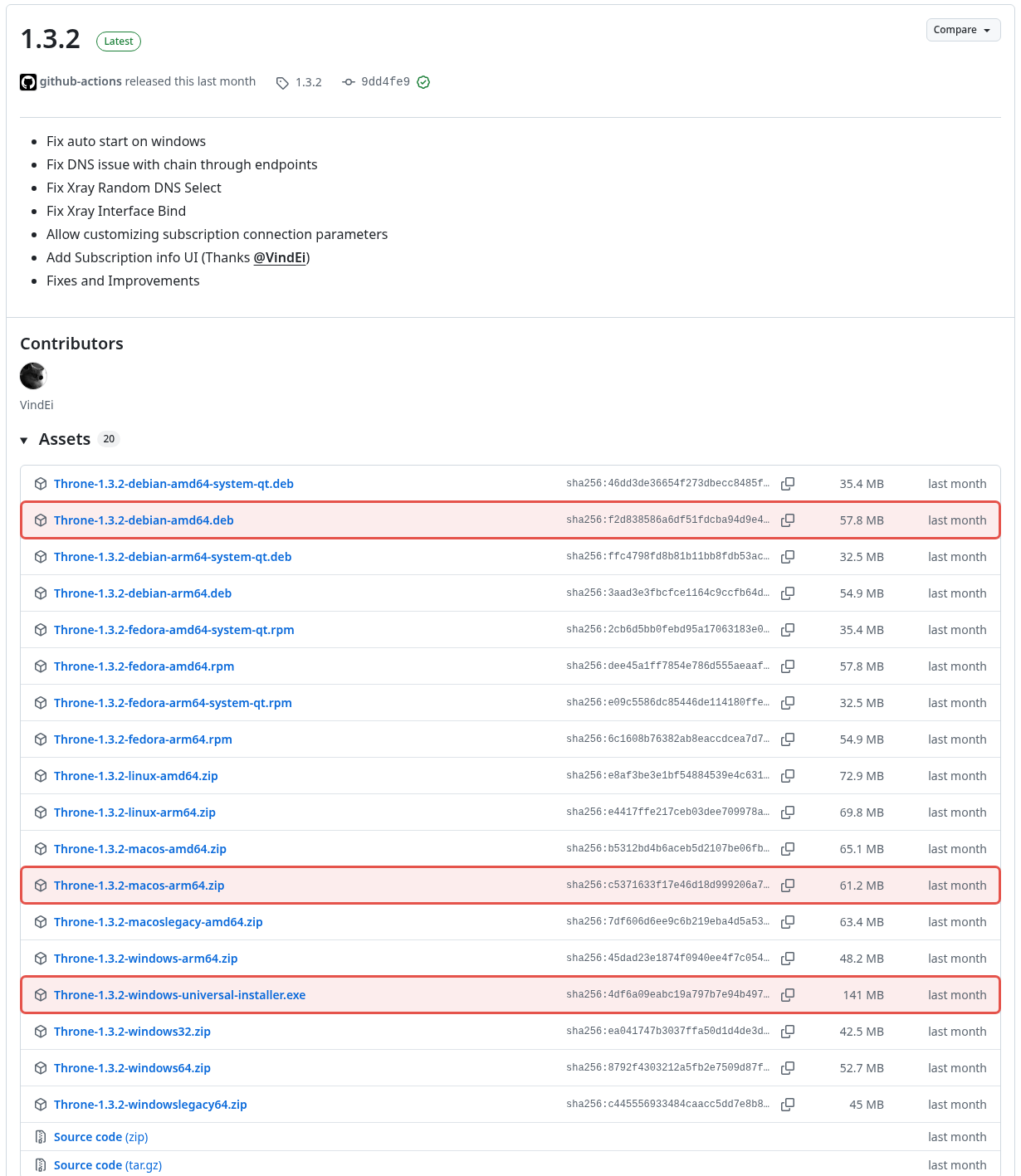 Страница Releases Throne на GitHub: последний релиз с меткой Latest, выделены установщик для Windows, архив для macOS на Apple Silicon и пакет .deb